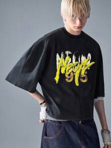 NEON BLANC 男士街头时尚针织圆领字母印花短袖 T 恤，街头服饰 - 黑色 - 查看 3