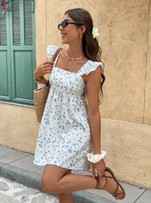 Serisse 女式法式度假碎花方领盖袖后背蝴蝶结迷你连衣裙，适合日常和节日穿着，早午餐海滩装，女士度假装，西部装，女士工作夏装，女士夏装，秋季女装，7 月 4 日服装，女士教师装，女士太阳裙，波西米亚风服装 - 彩色 - 查看 3