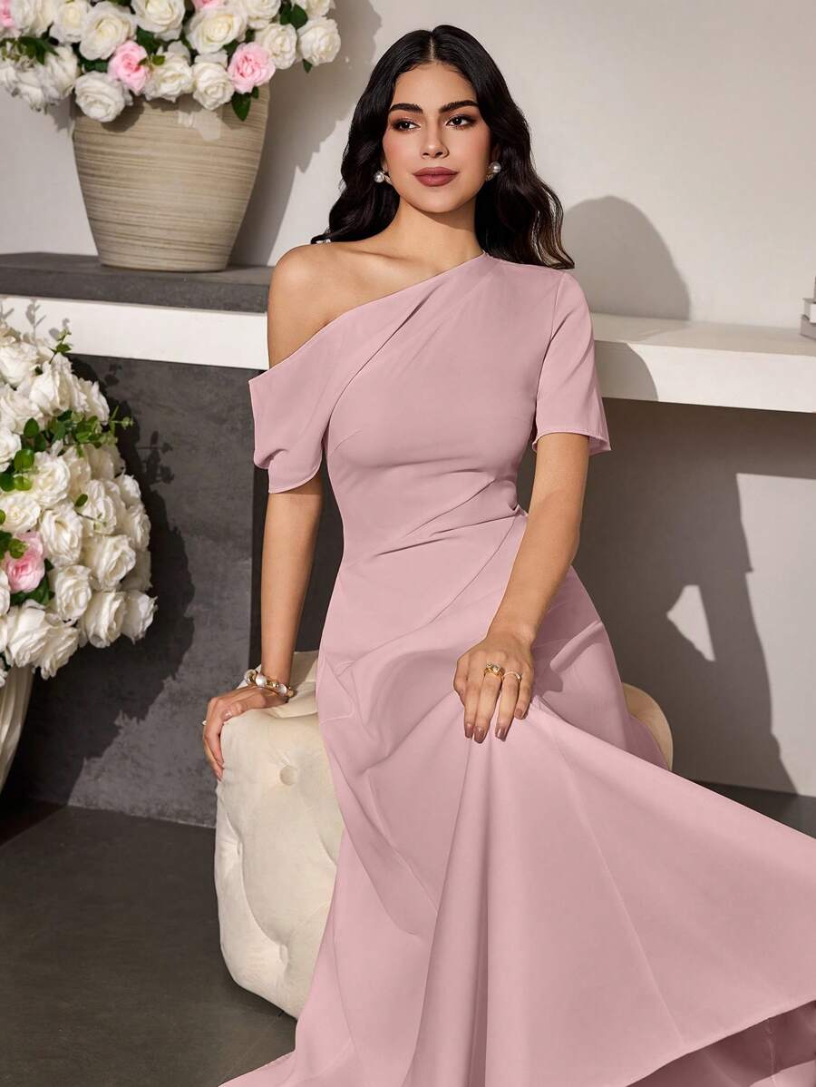 Modelyn Women Asymmetric Hem Waisted Simple Dress, Spring/Summer - Pink - View 1