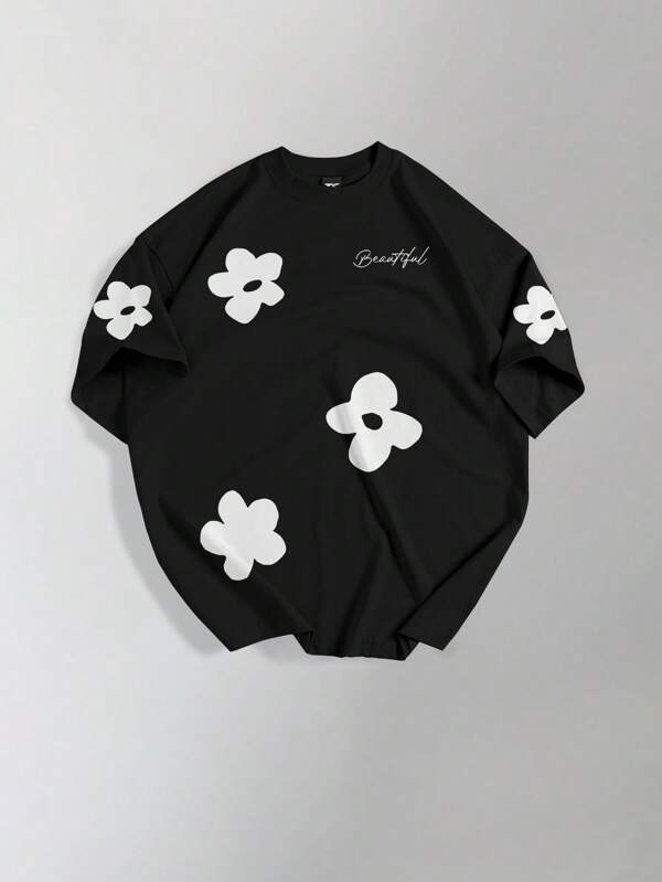 Manfinity EMRG Camiseta casual masculina plus size com estampa floral e letras para o verão, manga curta