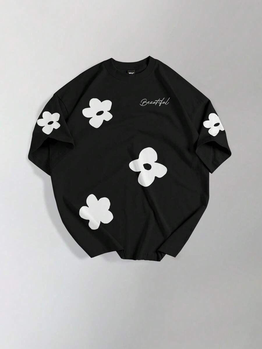 Manfinity EMRG تيشيرت كاجوال بأكمام قصيرة وطباعة زهور وحرف للرجال كبار الحجم في الصيف