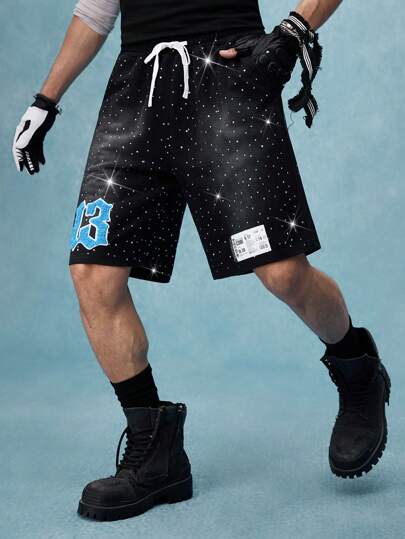 Street Life Men's Drawstring Waist Pocketed Sparkling Rhinestone Print Shorts