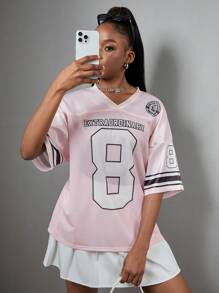 SHEIN Teen Girl's Pink Numeral Print Patchwork Loose V-Neck Casual Short Sleeve T-Shirt - Pink - View 5