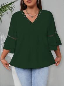 Celure Plus Size Solid V-Neck Casual Summer Shirt, Versatile - Dark Green - View 3