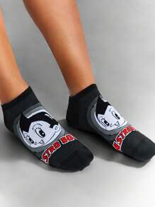 Astro Boy X SHEIN 3 双柔软透气吸湿排汗男士短袜，加固脚趾和脚跟，适合所有季节，黑灰条纹