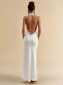 SHEIN BAE 女式夏季纯白色露背珍珠链缀饰优雅长裙/女士夏季服装/毕业礼服/女士白色礼服/舞会礼服/女士婚礼宾客礼服/女士生日礼服 - 白色 - 查看 1