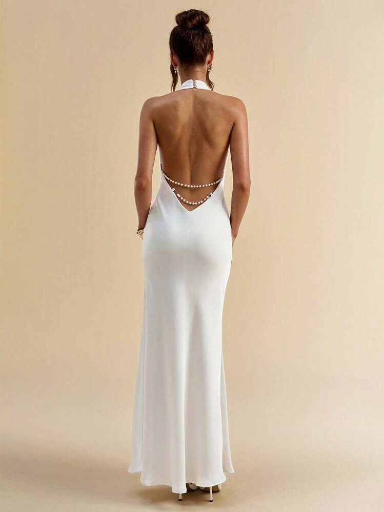 white backless dress with chains SHEIN BAE Women's Summer Elegant Halter Neck Pearl Chain Embellished Maxi Dress,Wedding Guest Graduation Prom Birthday Outfits extreme backless dress