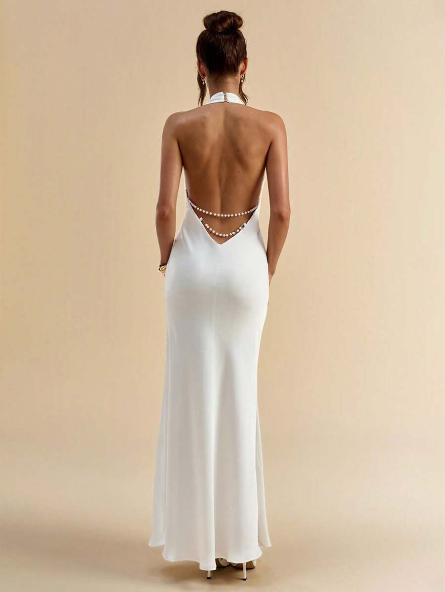 SHEIN BAE 女式夏季纯白色露背珍珠链缀饰优雅长裙/女士夏季服装/毕业礼服/女士白色礼服/舞会礼服/女士婚礼宾客礼服/女士生日礼服 - 白色 - 查看 1