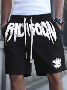 PAVTROS Men's Youthful Street Style INS High Street Creative Letter Printed Black Shorts, Gift For Boyfriends Or Husbands, Graphic - Black - View 5