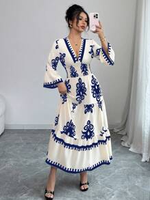 Elenzga Nuevo vestido acampanado con escote en V profundo, cintura fruncida y estampado floral, llegada europea y americana para primavera y verano 2025 - Azul Marino - Ver 5