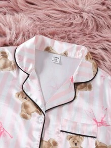 Girl Pajamas - Pink Bow & Bear Striped Print Satin-Like Trim Contrasting Color Short Sleeve Shorts Set, Fashion Collar Casual Loungewear Summer  Cute Pajama Sets Girl Pajama Set Pajamas Set - Multicolor - View 6