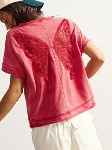 Bohemela 休闲纯色针织蝴蝶背透设计圆领短袖宽松大码T恤 - 紅色 - 查看 5