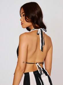 MUSERA Halter Neck Stripe Tie Back Top Cropped Long Sleeve Button Up Stripe Top Spring, Summer Casual, Cute Beach Ibiza Holiday Going Out Tops - Multicolor - View 4