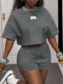 Slaydiva 两件套：2025春夏休闲运动女式街头风格圆领短袖T恤和短裤、羊毛运动衫套装 - 灰色 - 查看 4