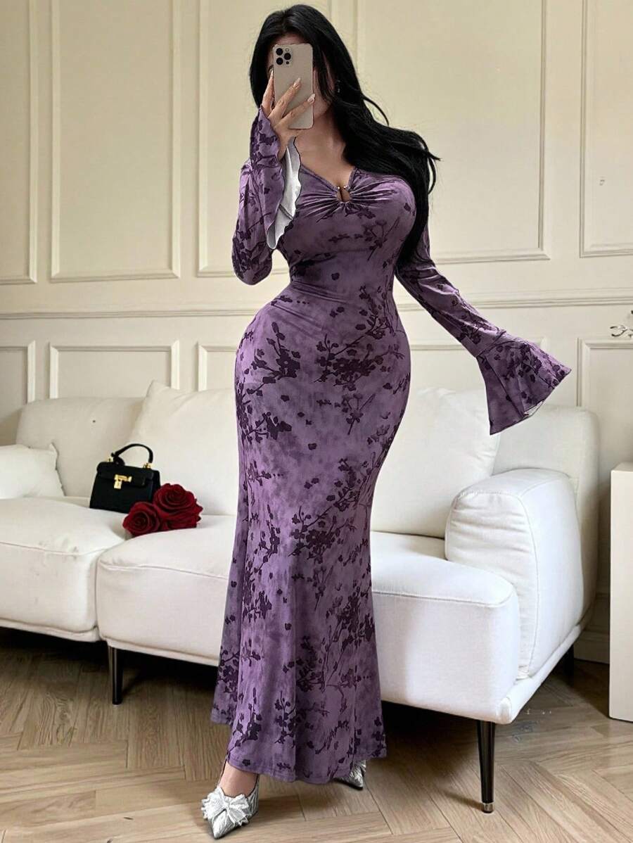 Feyla Women's Elegant Purple Knitted Maxi Dress With V-Neck, Long Bell Sleeves, And Ruffle Detail - Purple - View 1