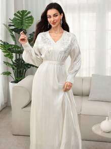 SHEIN Najma V领串珠花卉长袖系带女式阿拉伯连衣裙，春夏季，端庄 - 杏色 - 查看 4