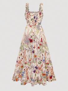 Ceyna 加大码女式花卉印花荷叶边下摆细肩带可调节胸围A字长裙女装 - 紫色 - 查看 2