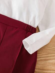 SHEIN Elladie kids Nowy strój imprezowy dla dziewczynek na wiosnę i jesień, elegancki kamizelka + szerokie spodnie + koszulka z długim rękawem, 3-częściowy zestaw, swobodny zestaw na zewnątrz, różowy bezrękawnik zapinany na guziki + wygodny golf z długim rękawem i dzianinową bluzką + szerokie spodnie, stylowy, europejsko-amerykański szykowny zestaw ubranek dla małej dziewczynki - Burgund - Zobacz 7