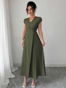 Elenzga 女士简约优雅法式时尚工作办公室商务休闲假日下午茶 V 领褶皱腰喇叭下摆长裙，落肩袖 - 軍綠色 - 查看 4