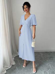 Elenzga Women's Rayon Bamboo Fiber Elegant Vacation Afternoon Tea Party V-Neck Front Button A-Line Front Slit Flared Sleeve Tied Waist Bow Short Sleeve Mid-Length Dress, Spring/Summer