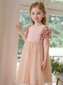 SHEIN Vestido elegante de color rosa con manga acampanada de encaje y malla, para niñas jóvenes