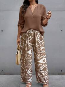 EMERY ROSE Top avec col châle et manches retroussées à imprimé aléatoire, grande taille, et pantalon long à imprimé intégral, ensemble 2 pièces