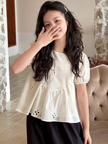 Dazy Kids Tween Girls Embroidered Hollow Puff Sleeve Shirt With Peter Pan Collar,Back To School Clothes