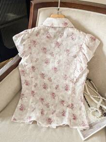 Seusyu Women's Spring/Summer Digital Floral Print Ruffle Sleeve Blouse, Fashionable Age-Reducing