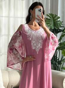 Al Najma V-Neck Bead Embellished Floral High-Low Flare Sleeve Dress, Arabic Style, Spring/Summer - Pink - View 6
