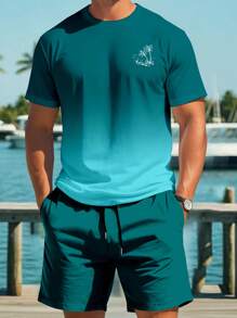 Manfinity RSRT Conjunto de camiseta de manga corta de cuello redondo y pantalón corto con cordón en la cintura con estampado de palmeras para hombre