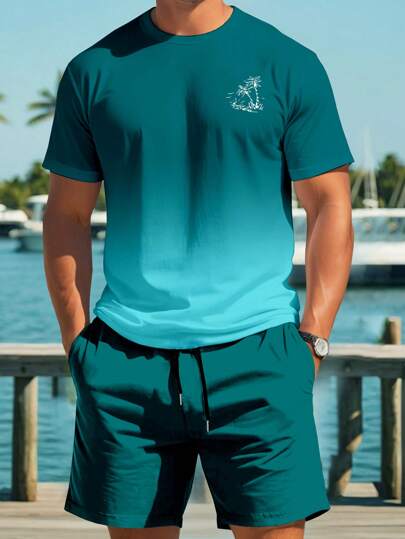 Manfinity RSRT Men's Palm Tree Print Round Neck Short Sleeve Casual T-Shirt And Drawstring Waist Shorts Set Men Vacation Clothes, Cozy Outfits