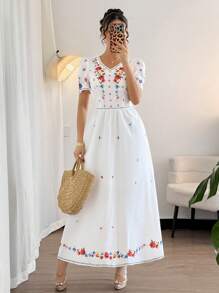 Chiquease French Elegant Romantic Woven Printed V-Neck Cinched Waist Short Sleeve Women Summer Top - Multicolor - View 1