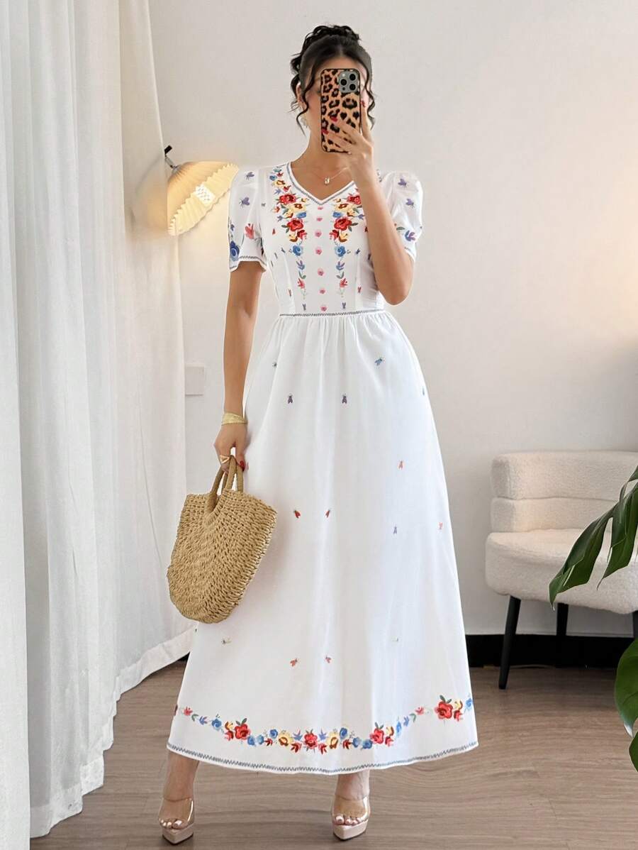 Chiquease French Elegant Romantic Woven Printed V-Neck Cinched Waist Short Sleeve Women Summer Top - Multicolor - View 1