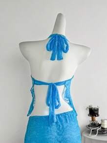 Zolique Letni styl wakacyjny Niebieski koronkowy marszczony biust otwarty tył wiązanie na szyi koszulka - Miętowy niebieski - Zobacz 2