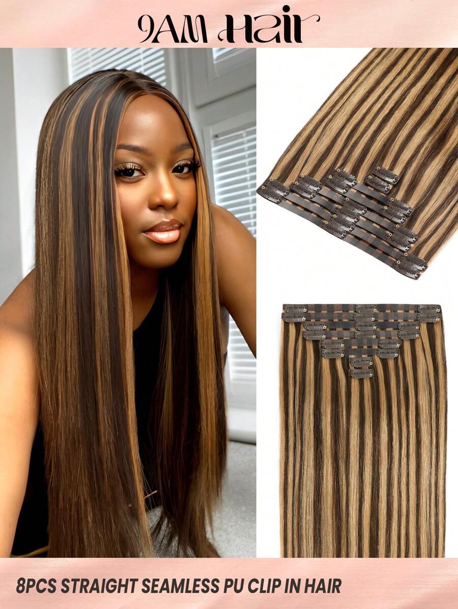 P4/27 Chocolate Brown To Caramel Blonde Clip In Hair Extensions Real Human Hair Natural Remy Human Hair Extensions Seamless Clip Ins For Women - SP4/27 - View 1