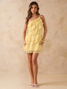SHEIN BAE 不对称纯黄色露背系带多层荷叶边迷你连衣裙，适合度假、海滩、派对、音乐节、毕业典礼和返校季节 - 黃色 - 查看 3