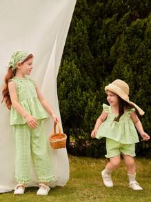Blossori Baby Girls 2pcs/Set Plaid Ruffle Sleeve Vest And Shorts - Multicolor - View 1