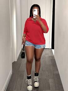 Slaydiva تريكو بيج فضفاض بفتحة رقبة على شكل حرف V وأكتاف منسدلة وتفاصيل دانتيل مفرغة للسيدات ذوات المقاسات الكبيرة، للربيع والصيف