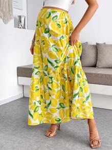 SHEIN Maternity Fruit Print Ruffle Hem Adjustable Waist Casual Mini Yellow Skirt For Holiday,Vacation,Vacay Outfits Women - Yellow - View 4