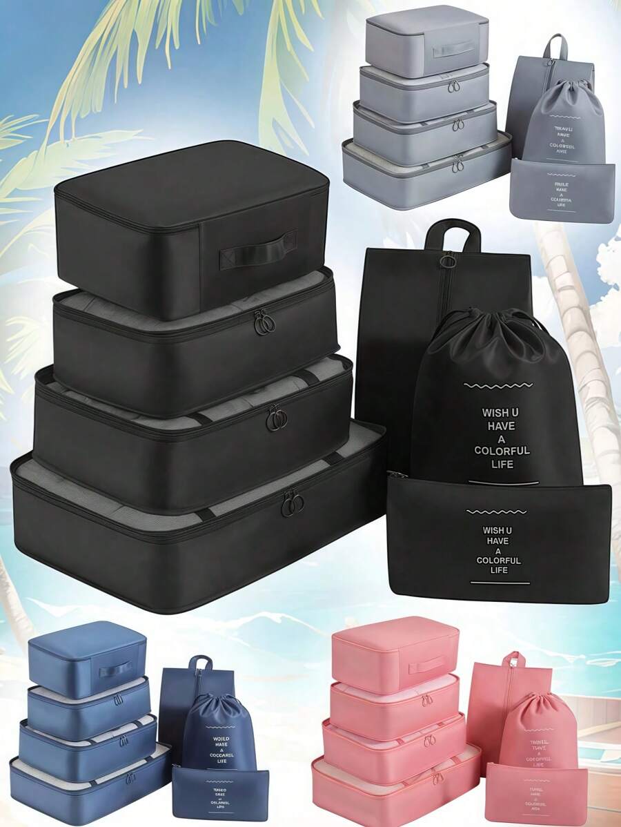 7pcs/Set Packing Cubes For Suitcases Travel Luggage Packing Organizers With Laundry Bag, Compression Storage Shoe Bag, Clothing Underwear Bag, Boho Vibes - Multicolor - View 1