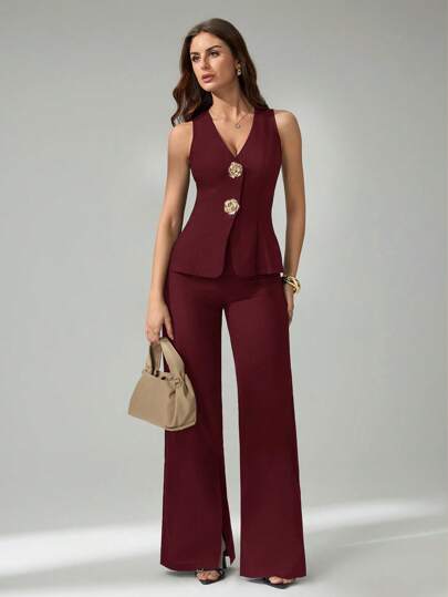 SHEIN Tall 2pcs/Set Women Casual Sleeveless Open Front Vest And Pants Set
