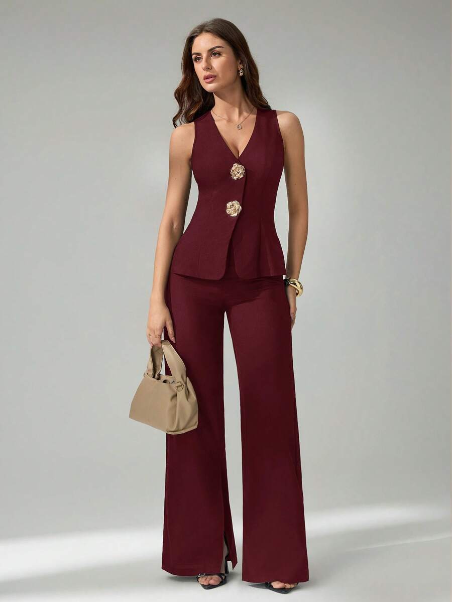 SHEIN Tall 2pcs/Set Women Casual Sleeveless Open Front Vest And Pants Set - Burgundy - View 1