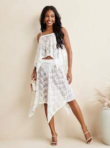 Oxana Handkerchief Hem Full White Lace Transparent Sexy Women Skirt Boho Summer Holiday Beach