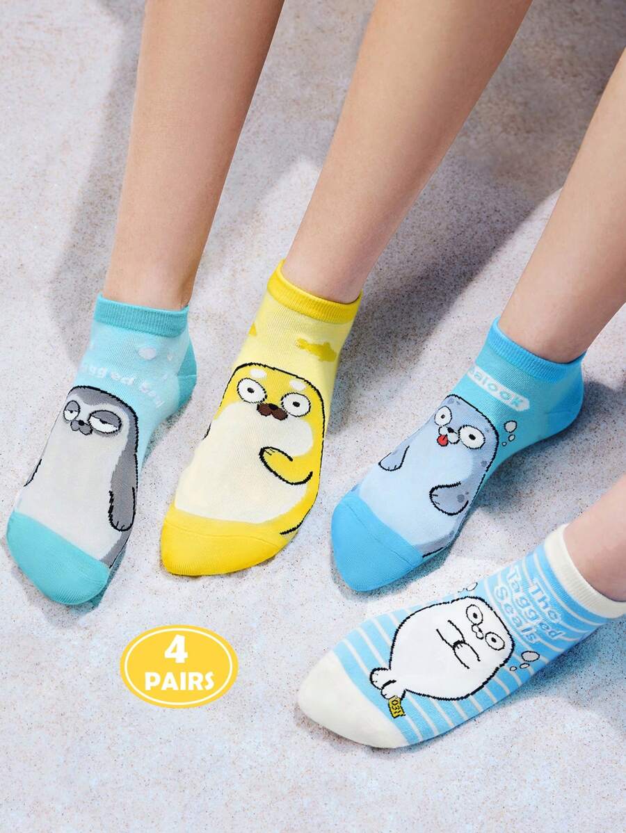 SEALOOK X SHEIN 4 Cặp Vớ Ngắn Thoáng Khí Mềm Mại Thấm Hút Hoạt Hình Dễ Thương Cho Nữ, Mũi Và Gót Chân Được Gia Cố Tăng Độ Bền, Phù Hợp Với Mọi Mùa, Unisex, Sọc, Xanh Dương, Seal - Nhiều màu - Xem 1