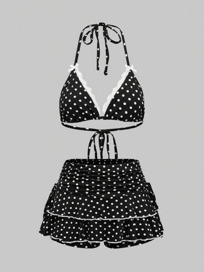 Grunge Punk Y2K Sexy Girl Polka Dot Print Vacation Style Full-Print Triangle Top & Ruched Low Waist Super Short Skirt 2 Pieces Set