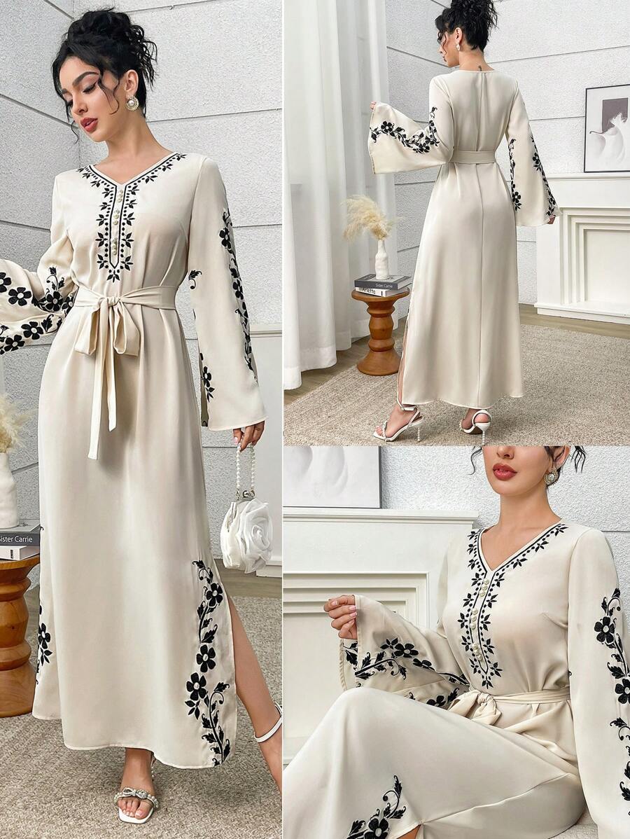 Al Najma Elegancka sukienka damska z haftem kwiatowym w stylu arabskim