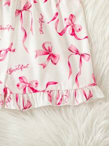 SHEIN Juego de prendas de dormir casuales de verano para niña de 2 piezas con short con tirantes y decoración de lazo