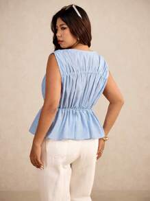 Elaquor Plus Size Casual/Work Striped Ruched Tie Waist Sleeveless V-Neck Top - Blue and White - View 2