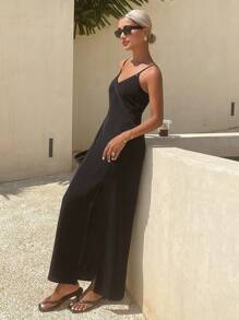 Livesso Women Solid Color Spaghetti Strap Sleeveless Criss-Cross Wrap Split Dress