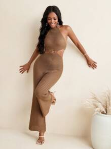 Israel Jasso Knitted Halter Neckline Cut Out Backless Wiede Leg Jumpsuit Beach Outfit Vacation Holiday Women - Brown - View 4